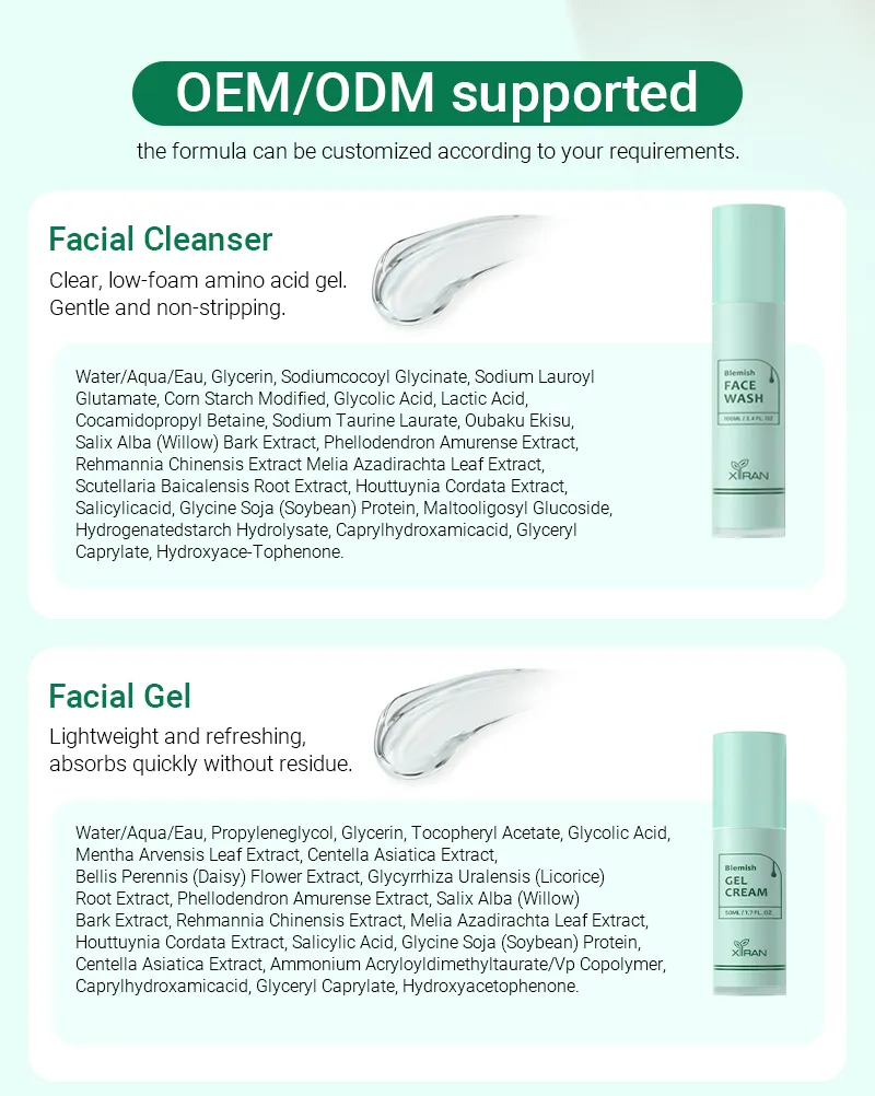 Promotional image showcasing OEM/ODM supported facial cleanser and facial gel products with their ingredients listed.
